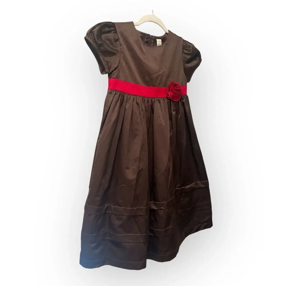 Gymboree Dress Girls Size 10 Brown‎ Satin Puff Sleeve Red Sash Flower Holiday